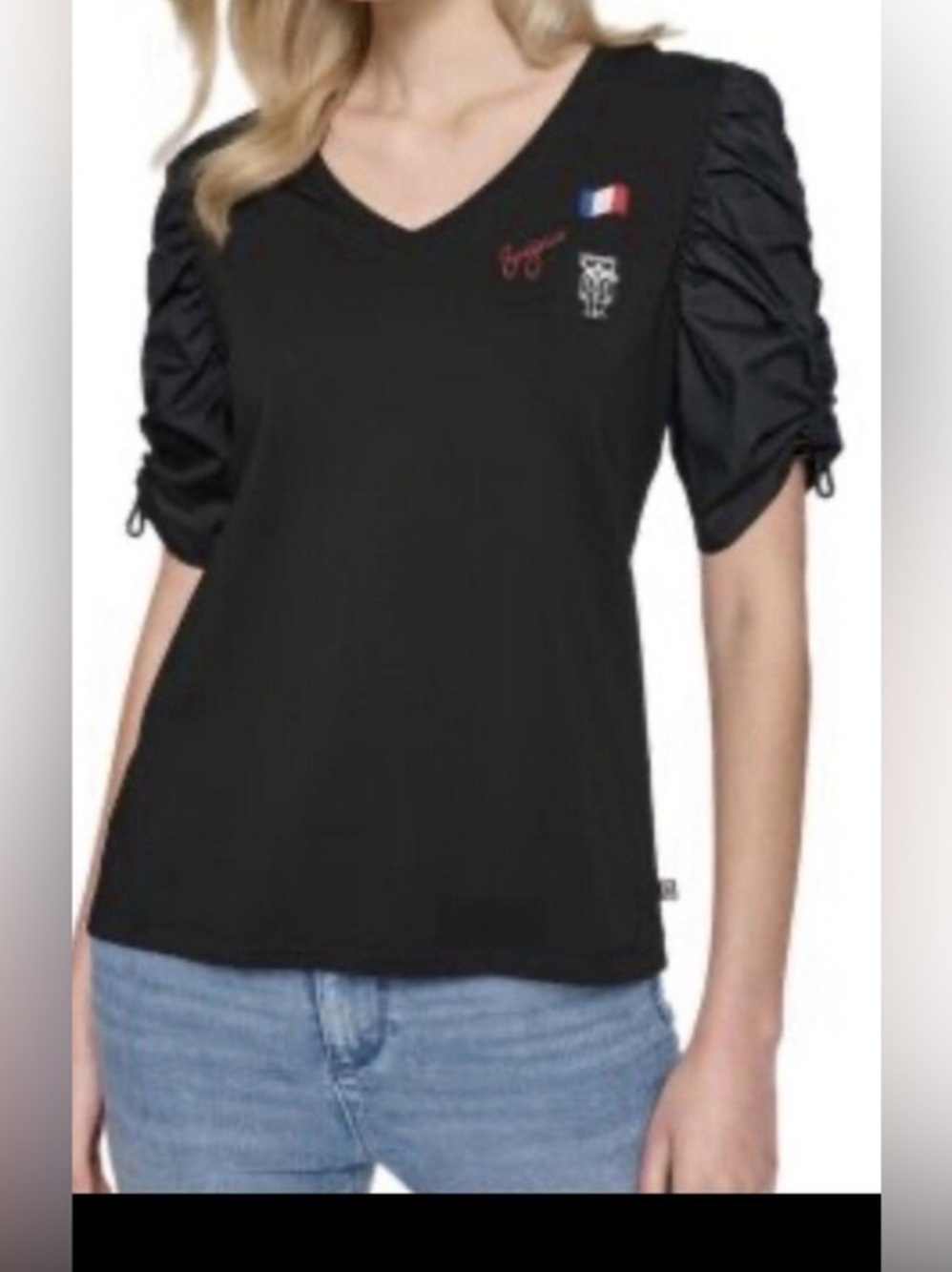 karl Lagerfeld Paris Top Embroidery Pins Elbow Ruched Sleeves Sz XL